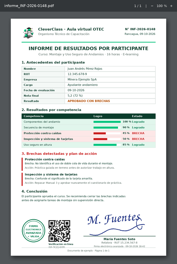 Ejemplo de informe en PDF tamaño oficio con brechas detectadas y firma